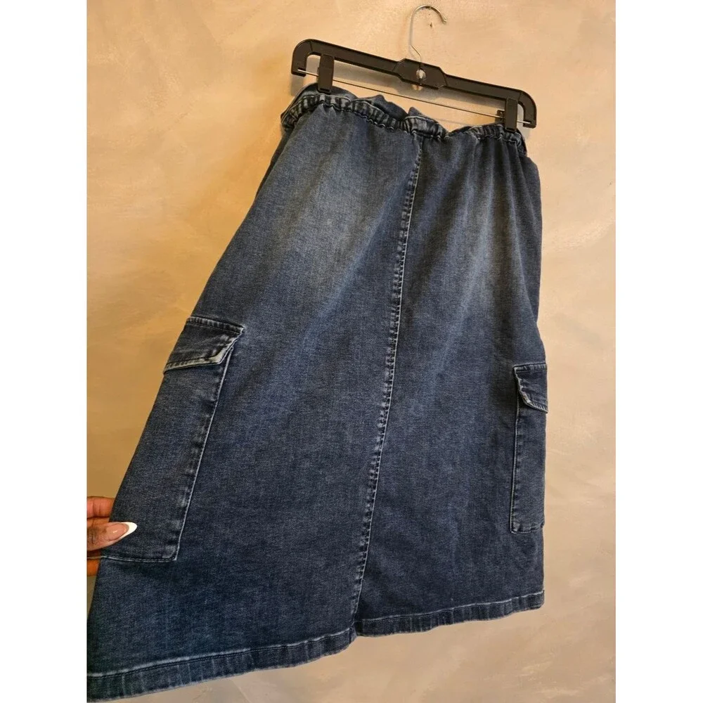 Wash Lab Drawstring Paper Bag Waist Cargo Denim Skirt Patch Pockets Womens M